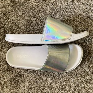 Silver & White Iridescent Slip On Shoes Slides